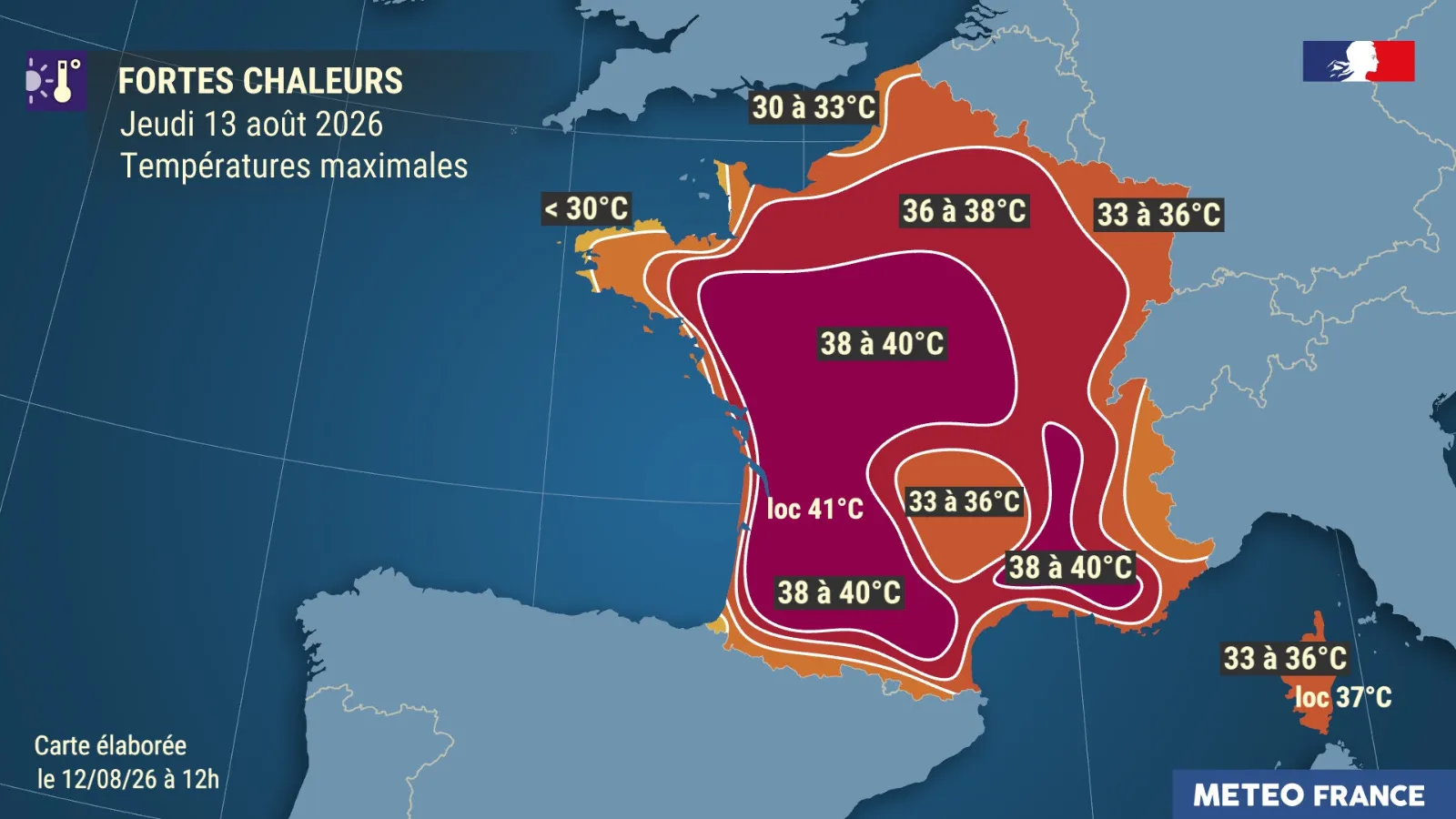 Carte Météo France canicule août 2026 — fortes chaleurs jusqu'à 41°C en France